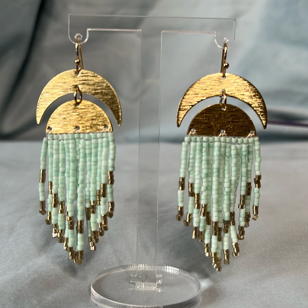 Beaded Tassel Light Blue Gold Tone Dangle Drop Earrings Boho Style - Picture 2 of 2